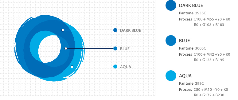 심볼색상 : DARK BLUE : Pantone  2935C Process  C100 + M55 +Y0 + K0  R0 + G108 + B183 , BLUE : Pantone  3005C  Process  C100 + M42 +Y0 + K0 R0 + G123 + B195 , AQUA : Pantone  299C Process  C80 + M10 +Y0 + K0  R0 + G172 + B230